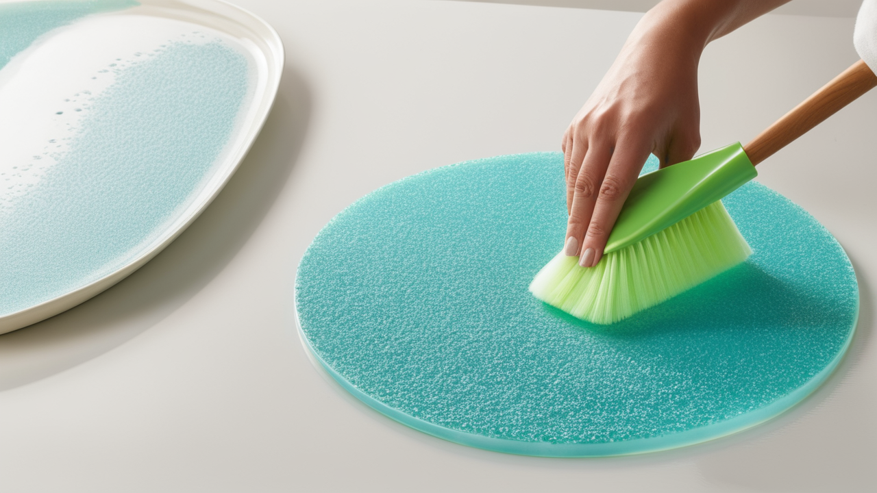how to polish resin, Sweeping blue mat with green brush; vibrant domestic cleaning example.