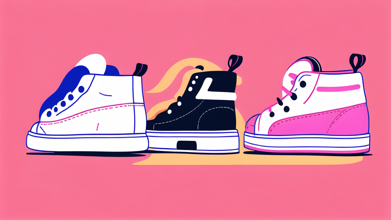 Trio of vibrant high-top sneakers showcasing Shoe Technology on a pink background