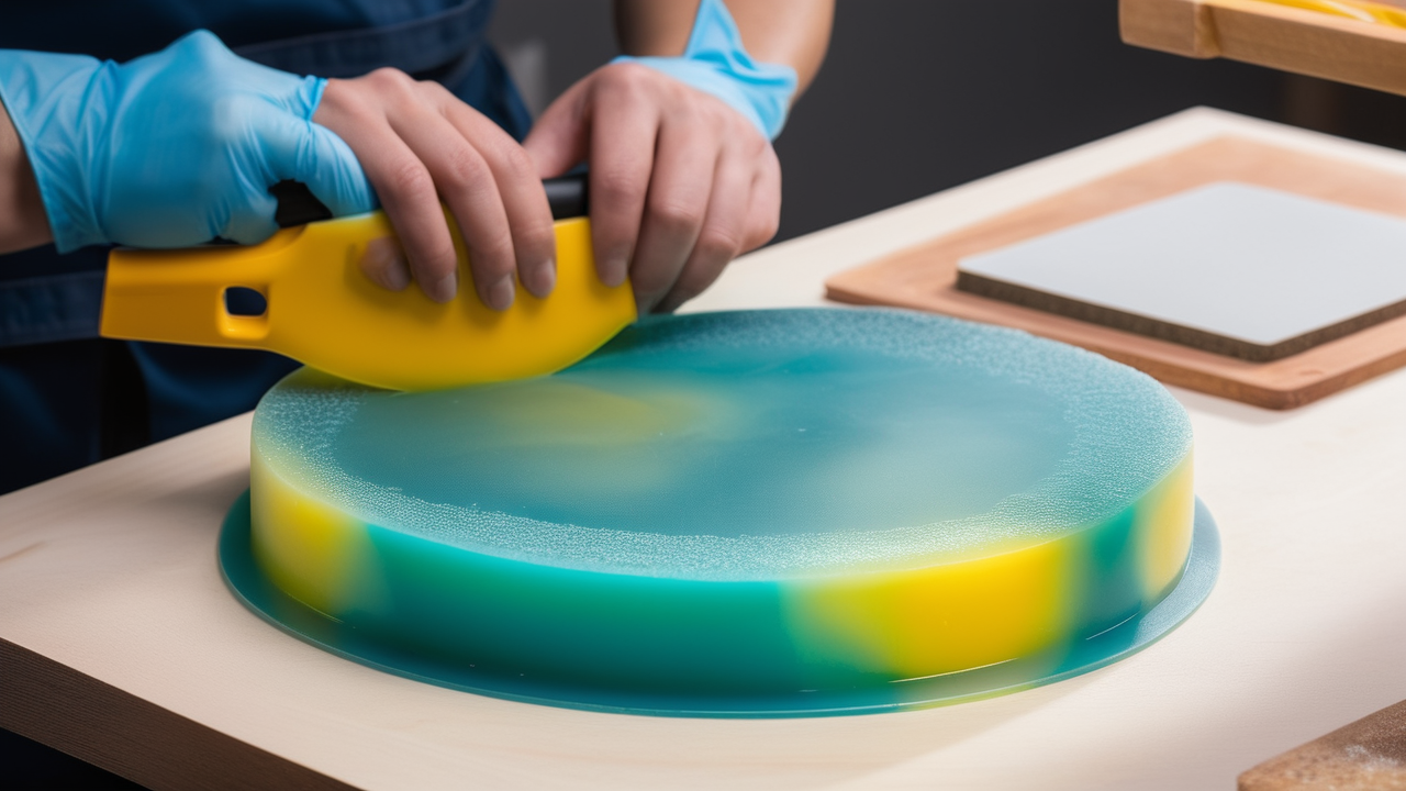 resin ring mold, Blue soap shaping with yellow tool by gloved hands; kitchen scene, hygiene focus.
