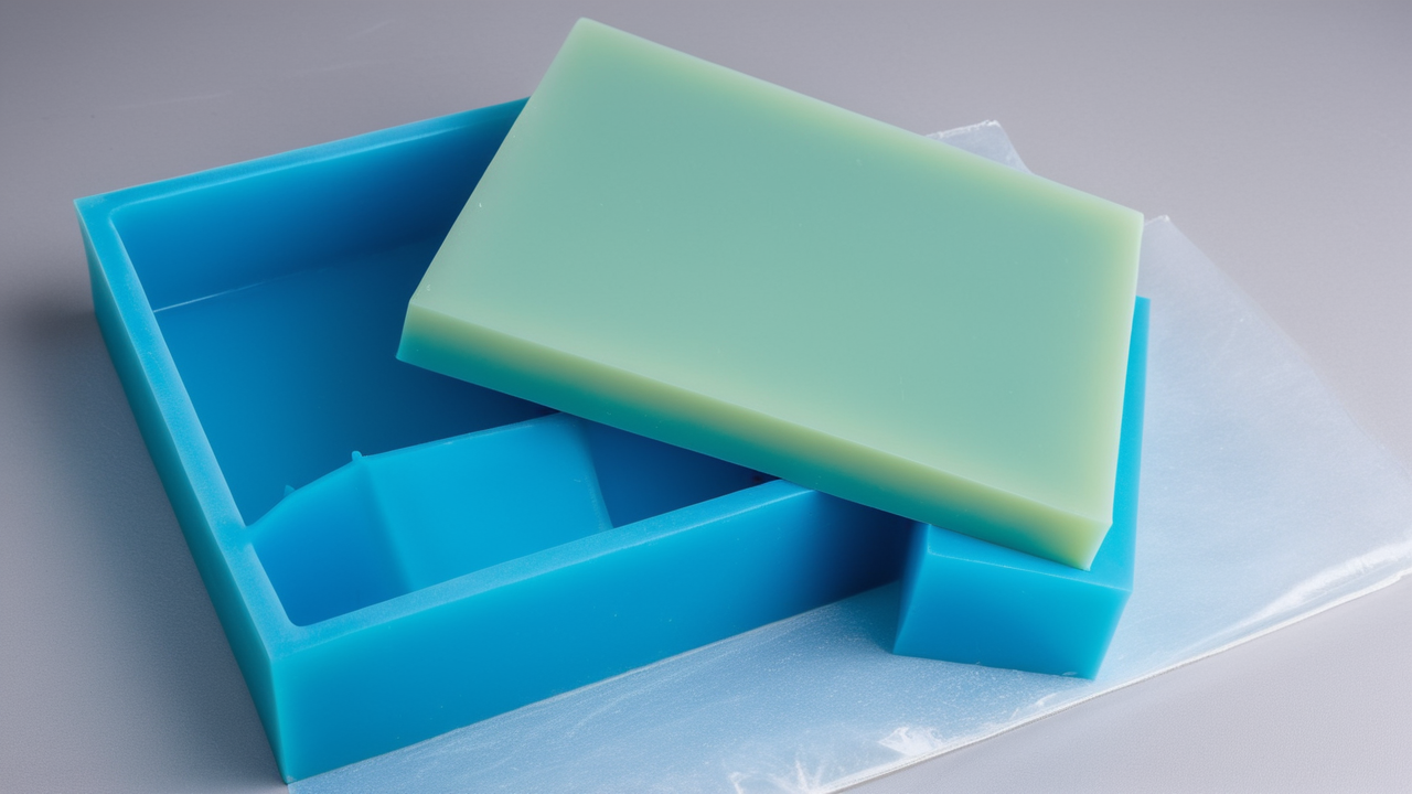Pouring clear liquid into blue mold for epoxy resin art creation