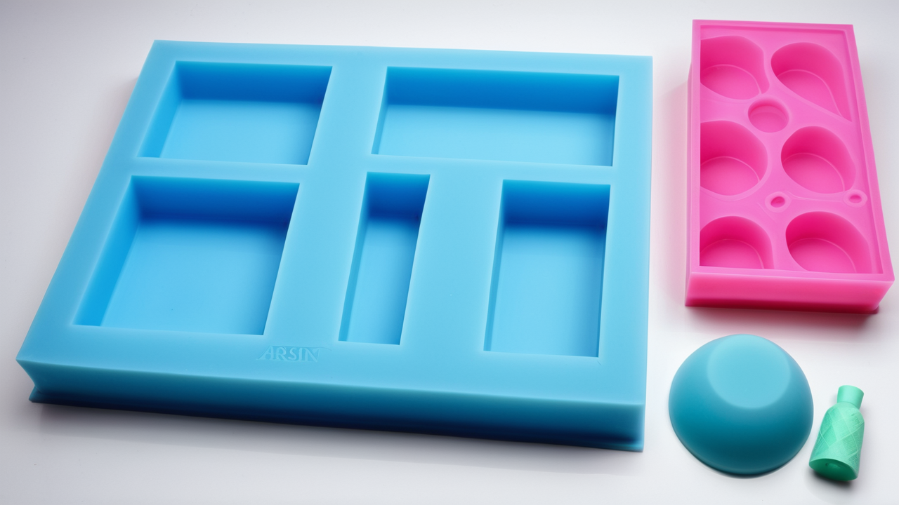 Colorful silicone molds for baking; resin ring mold concept; vibrant kitchen setup.