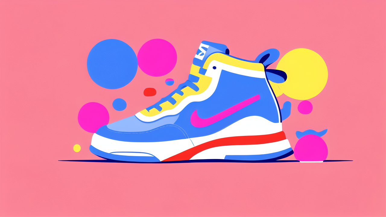 comfortable shoe boots, Triboots high-top sneaker with blue body, yellow laces, pink swoosh, vibrant backdrop.