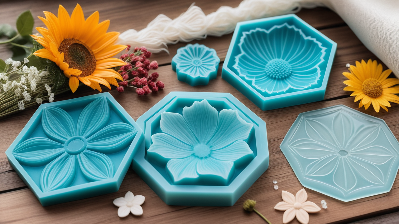 Resin bracelet molds and real flowers on wooden surface with nature theme.
