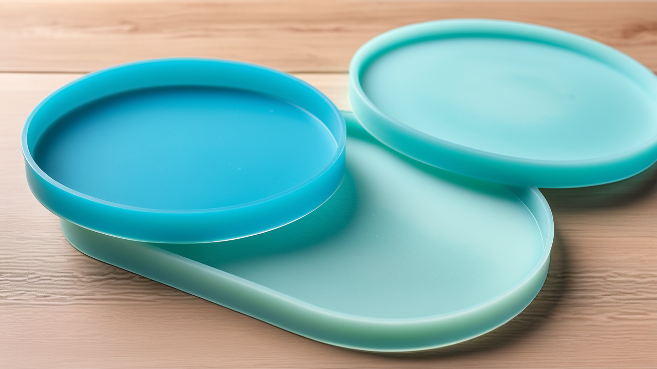 Turquoise plate with bubbly edge design on rustic wooden surface, no resin coaster molds