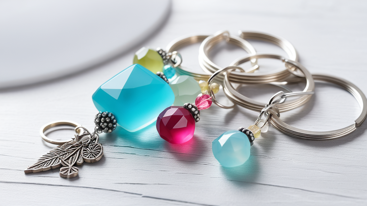Beaded keychains with unique charms: feather, fish, heart, leaf designs.