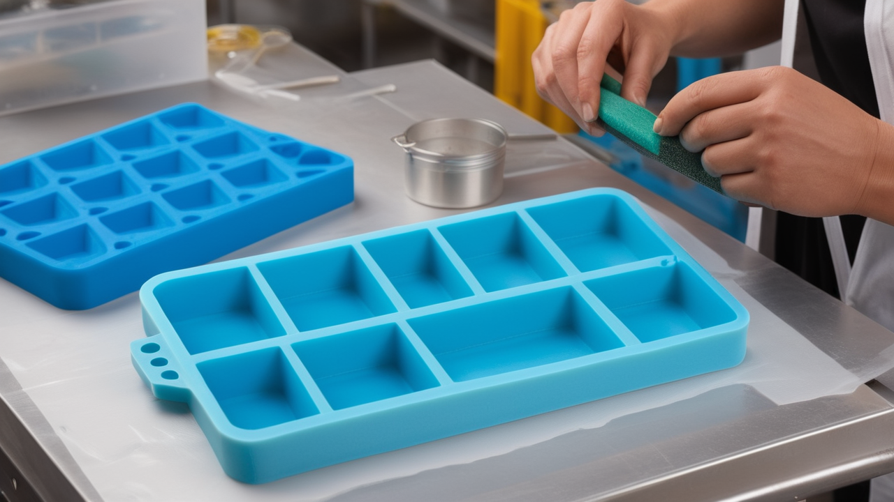 Vibrant blue unique silicone molds with lid on rustic wooden surface featuring shapes.