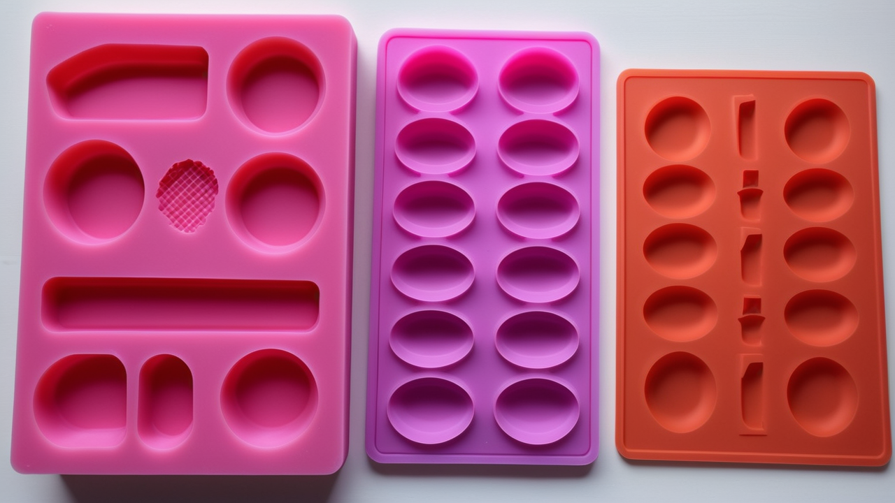 unique resin molds, Silicone molds collection: pink with honeycomb, purple ovals, orange squares.