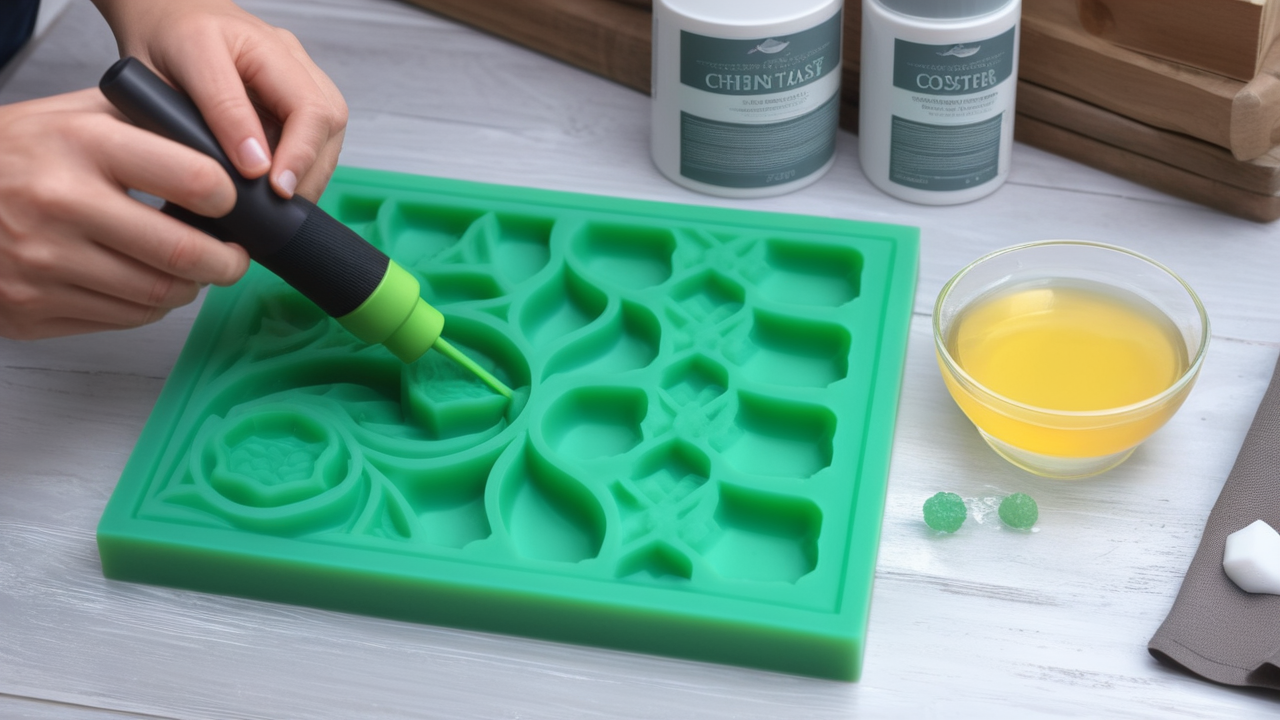 resin molds, Cutting a sponge with a yellow knife on a blue board for a Resin Guide tutorial
