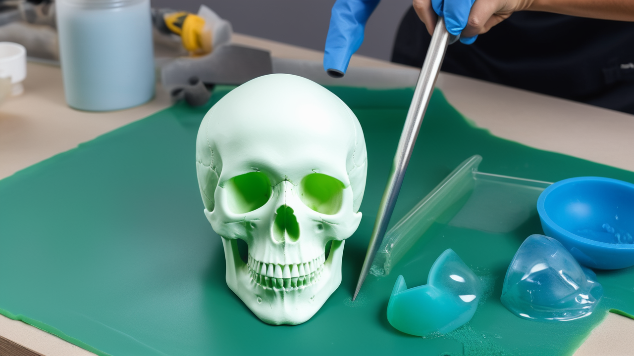 resin for mold, Green skull in blue Skull Resin Mold and white skull on wooden surface.