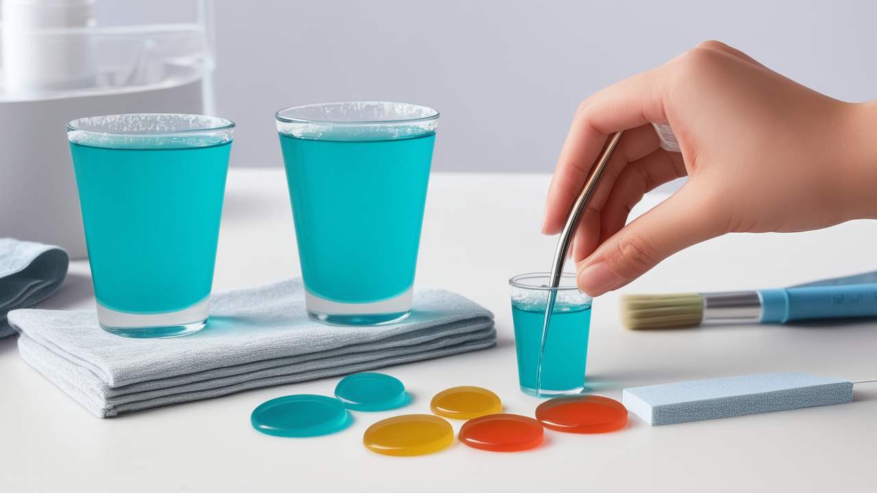 Artist uses epoxy resin mold kit to paint blue object on a wooden table.