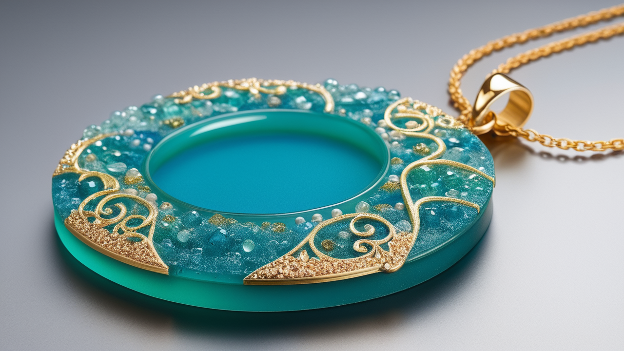 resin mold, Circular resin jewelry mold pendant with blue center, gold leaves, and beads.