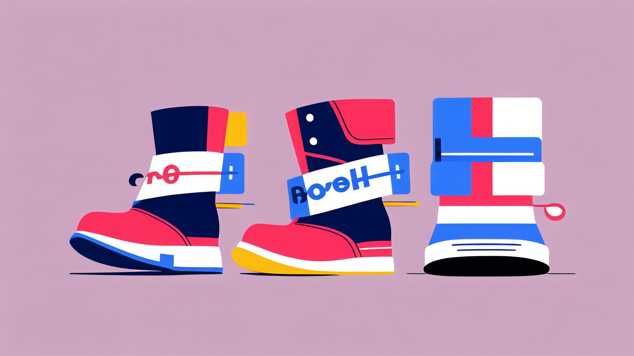 Fashionable boots trio with vibrant designs on a stylish pink background