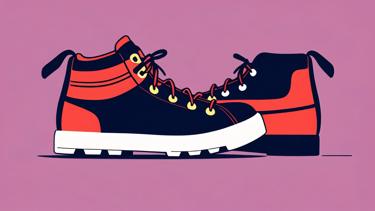 High-top black and orange athletic boots on a vibrant pink background