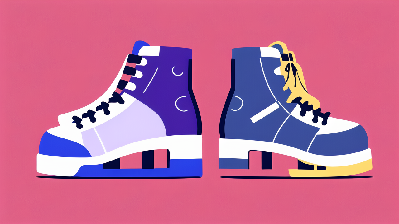 Exotic Hair Python boots, vibrant purple and blue sneakers on a pink background