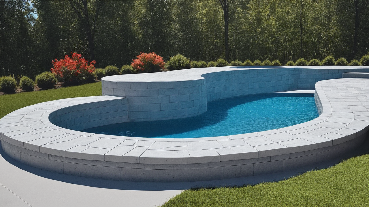 Curved stone bench on patio with large tiles and greenery, using concrete stone molds.