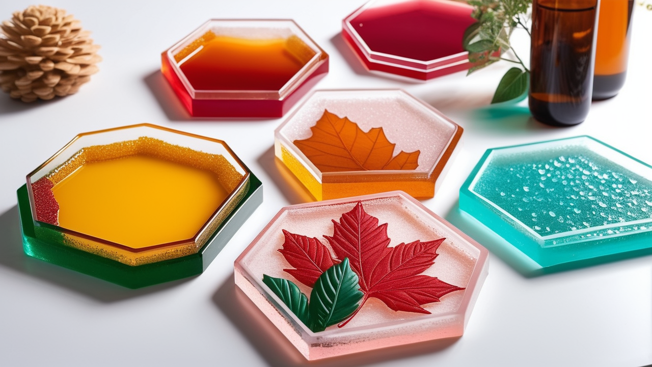 Colorful resin coaster molds arranged on white surface with translucent effect