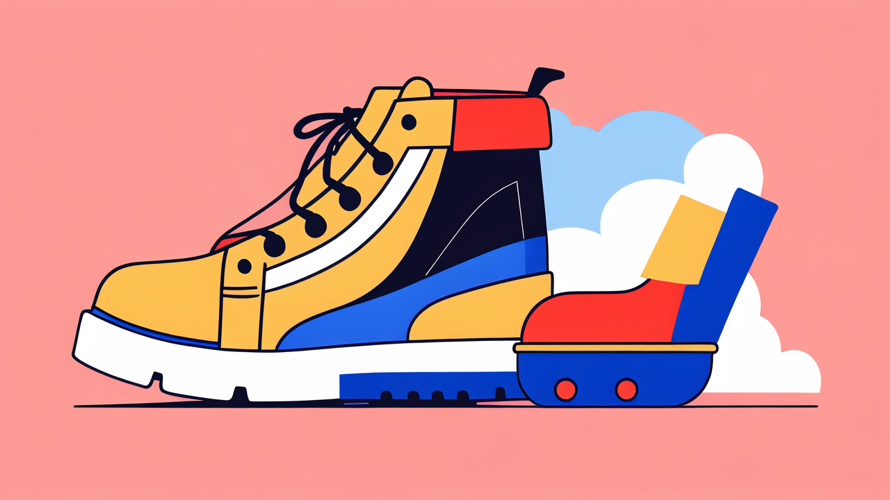 leather work boot, Whimsical yellow sneaker with black laces, red heel, blue sole against pink sky.