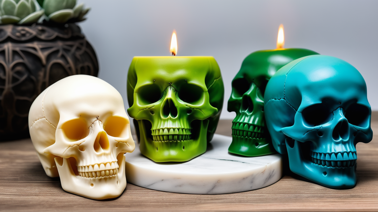 Skull mold candles: white, green, and blue on marble with lit wicks