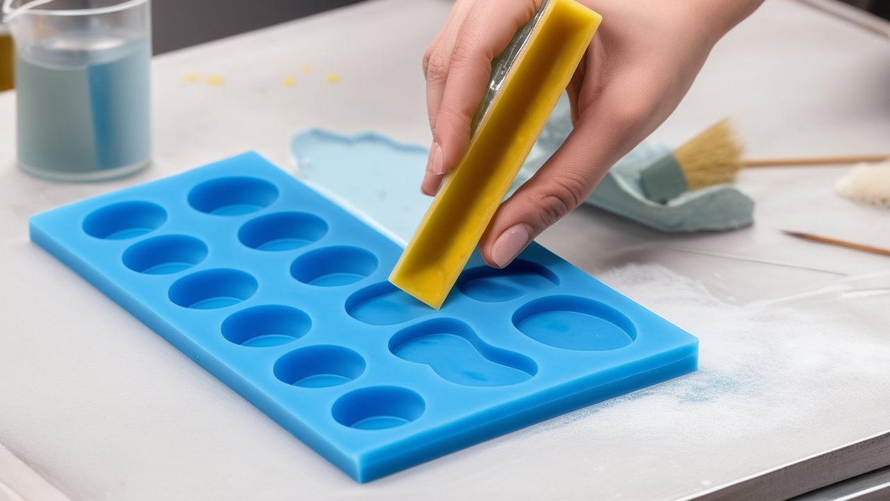 silicone molds for resin, Creating soap with silicone molds; blue mold, yellow soap base, crafting essentials.