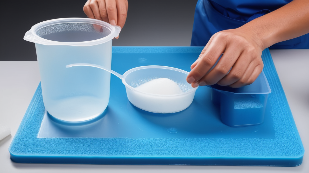 Hands preparing with blue tray and containers; silicone molds used, resin molds absent