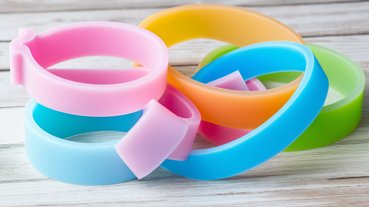 resin molds for rings, Vibrant silicone wristbands with Resin bracelet molds on wooden surface