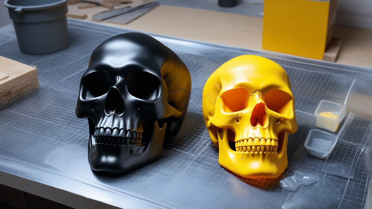 Skull molds: colorful skull-shaped candles with flames, succulent background