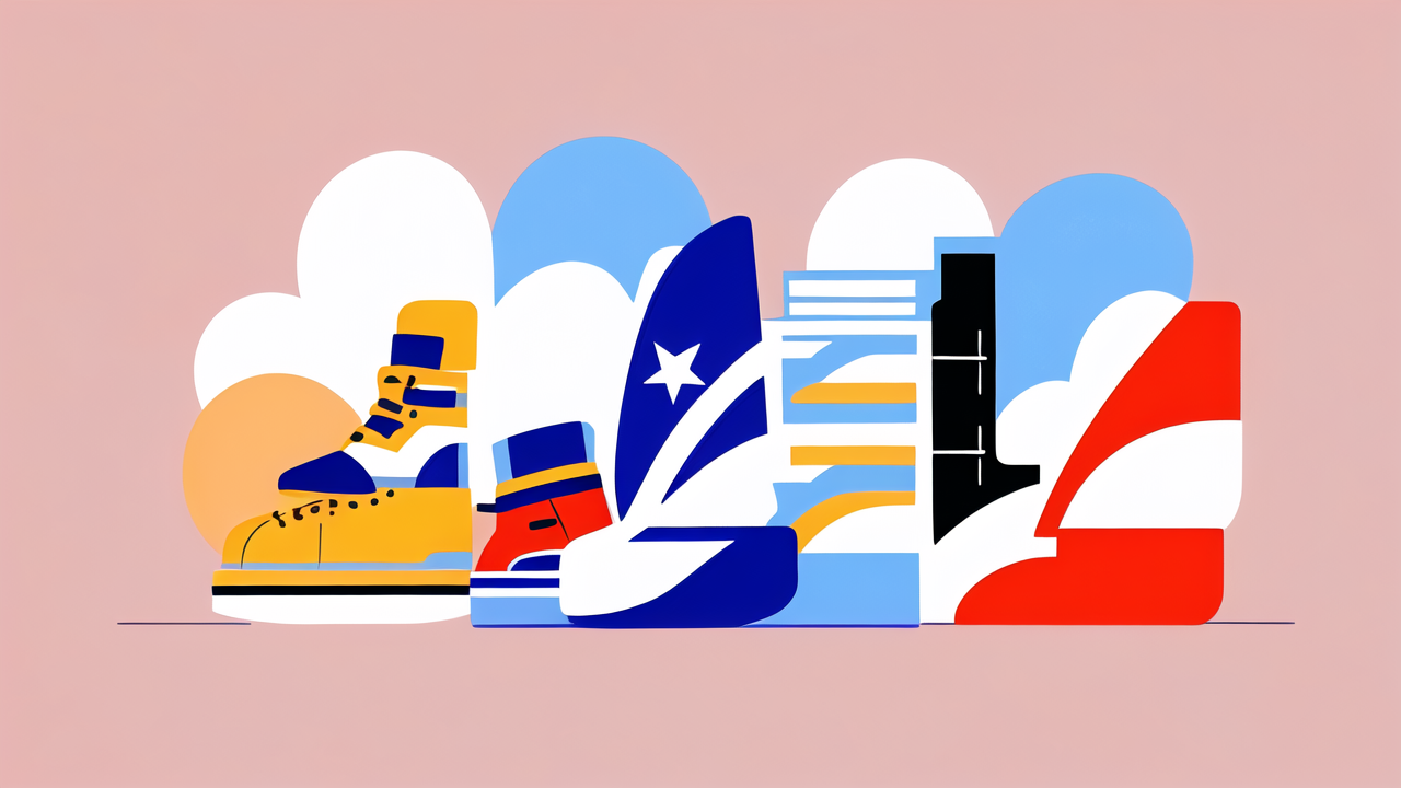 Vibrant cityscape with vintage boot-inspired sneakers, Comeback Boots style