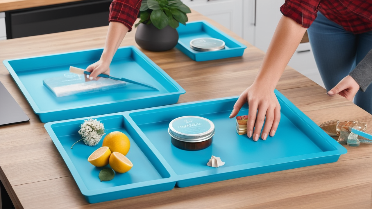 Person arranging items on silicone tray mold for Resin Tray Making project