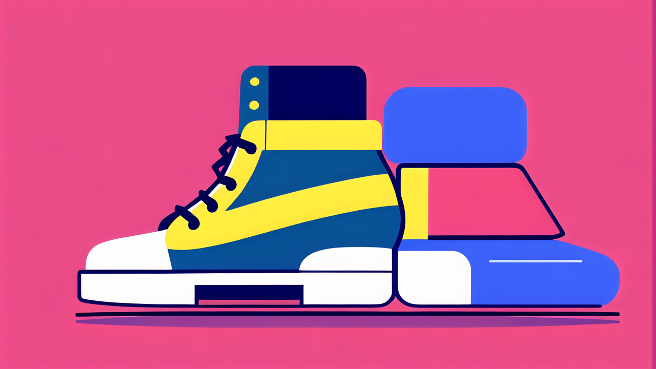 leather sole boots, High-top blue and yellow sneaker with white sole against pink background