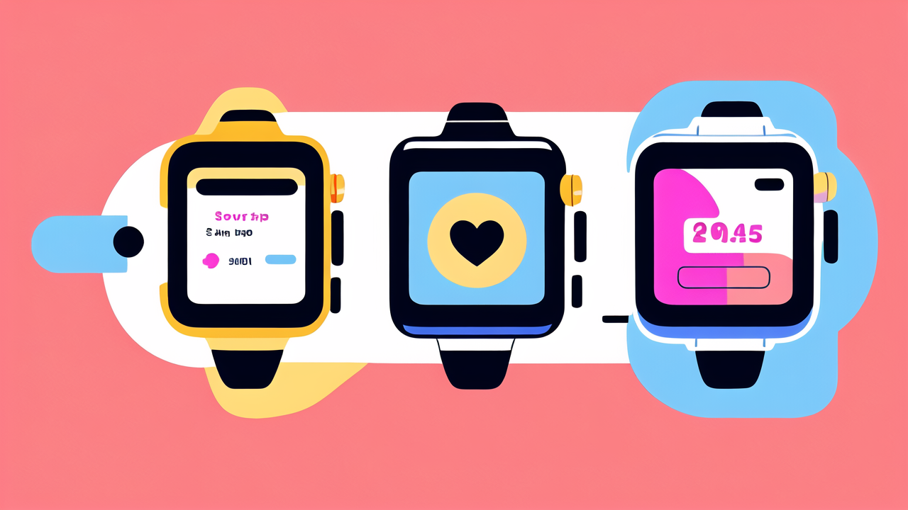 wearables clothing, Smart Watches trio with yellow, black, and blue straps on a vibrant pink background