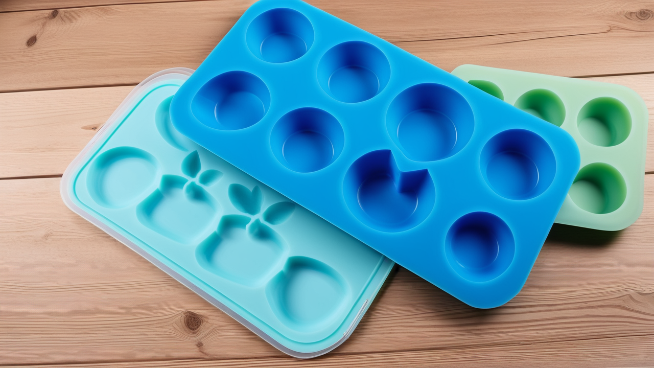 resin mold kit, Silicone molds on a wooden surface, featuring colorful designs and shapes