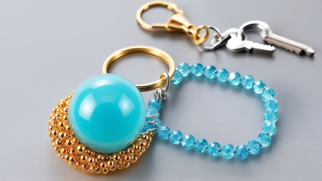 resin keychain ideas, gold metal keychain with silver key and blue resin bead necklace on gray surface