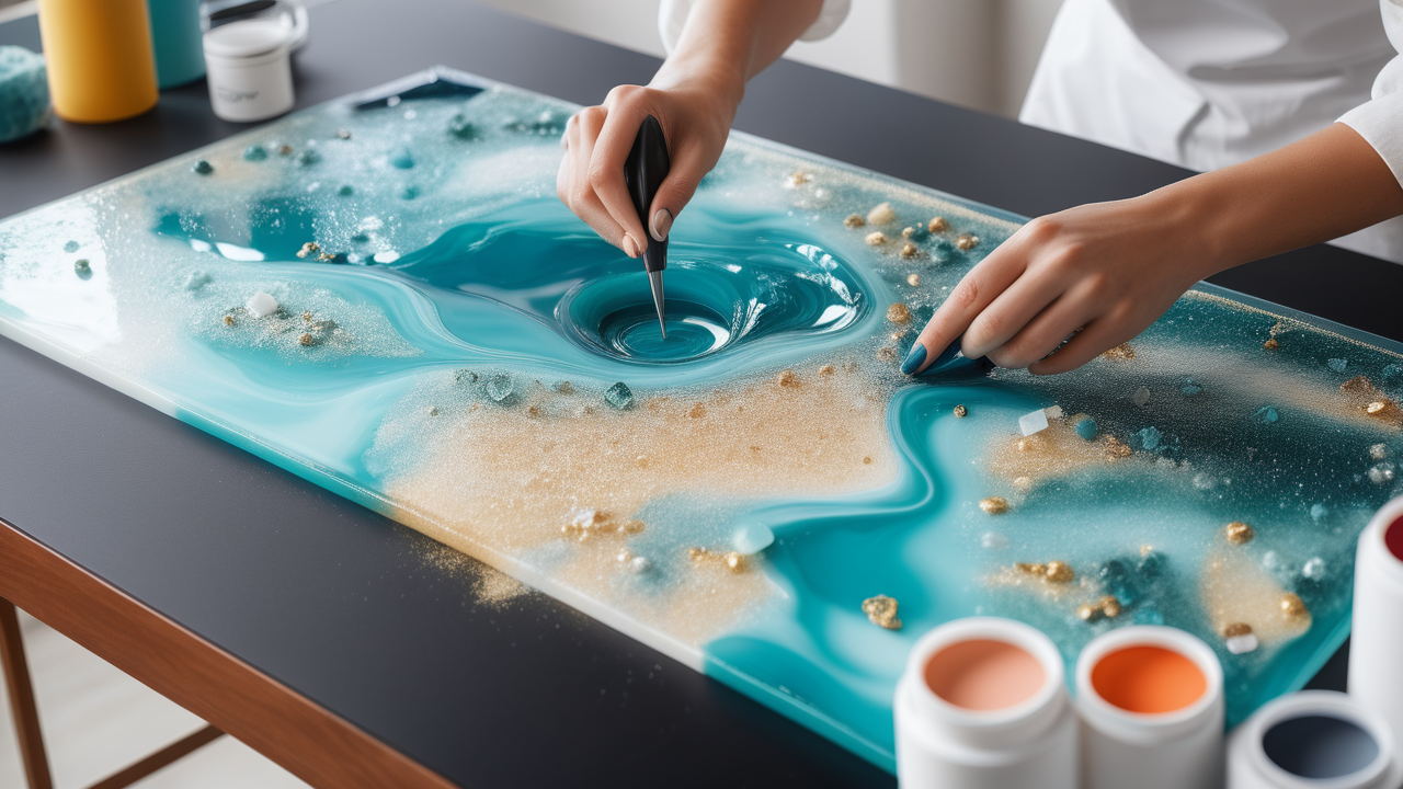 Creating resin art for beginners with a Resin Starter Kit, featuring blue and gold.