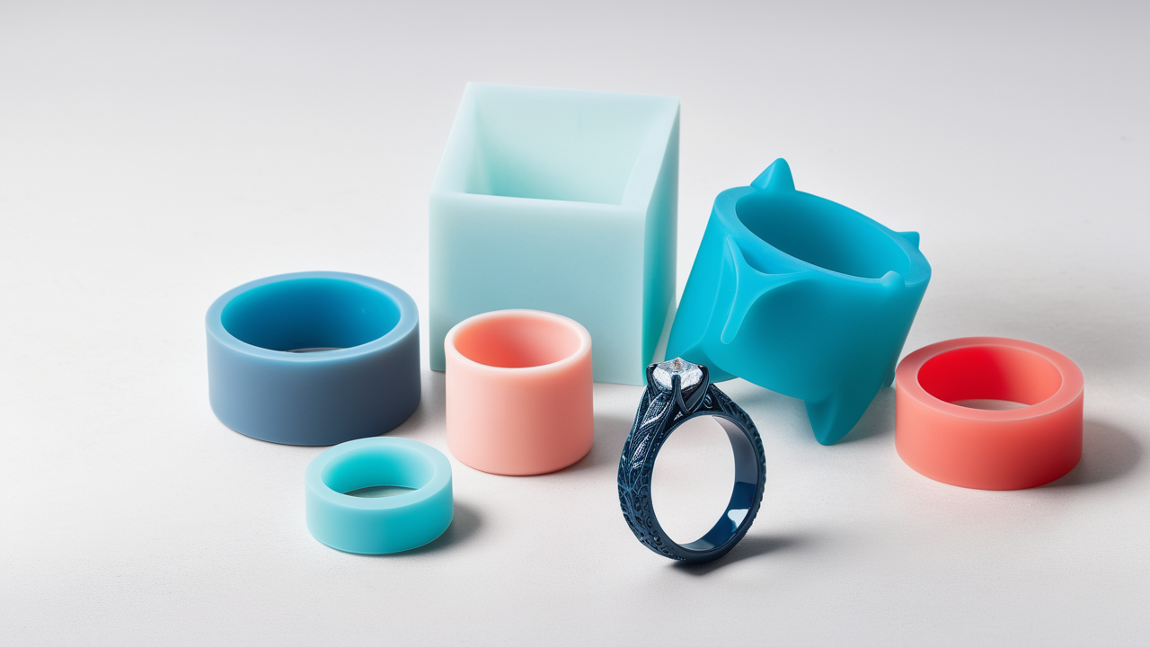ring holder resin mold, Turquoise resin ring holder mold with vibrant contrasts on a white surface.