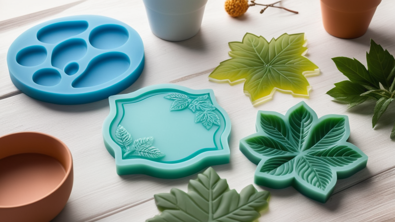 resin bracelet molds, Silicone molds with leaf patterns, featuring blue circular and green square designs