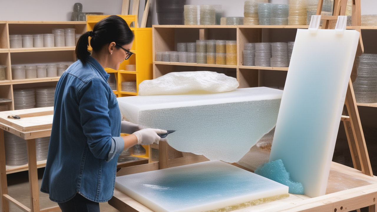 resin for molds, Woman carving large resin molds in workshop with yellow ladder and shelves in background