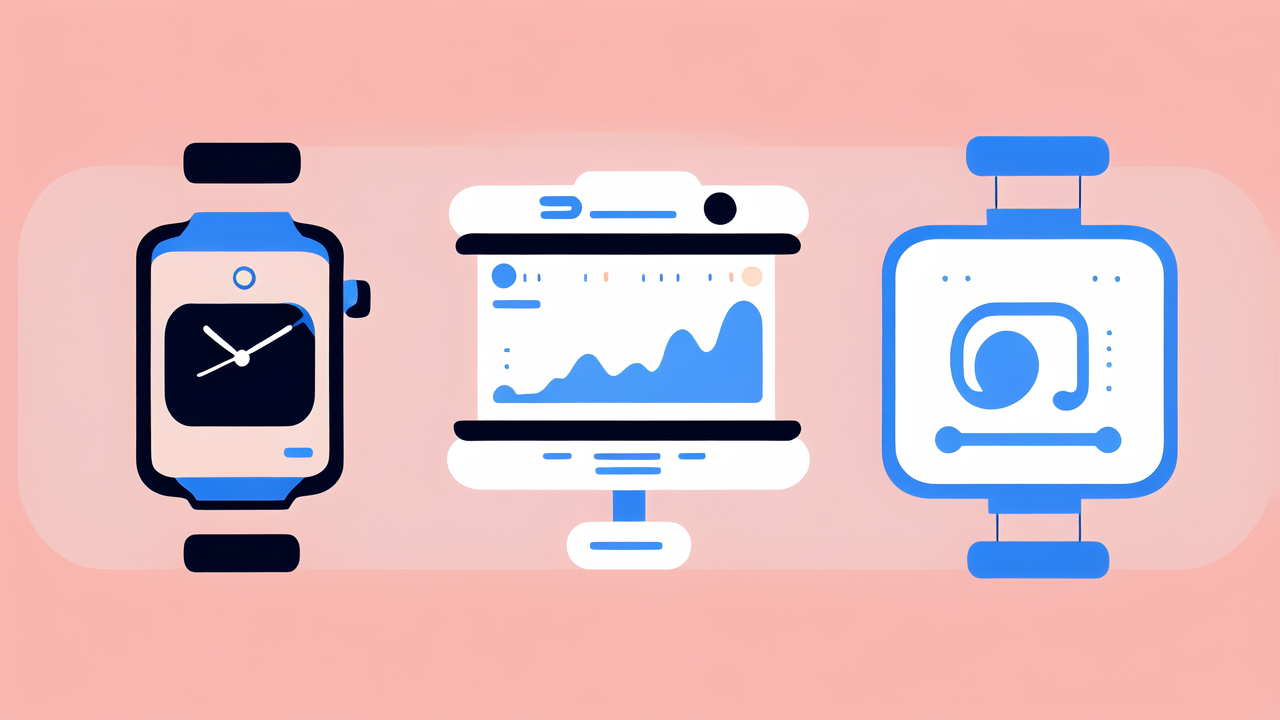 Smartwatch and six mobile devices display technology adoption in vibrant colors.
