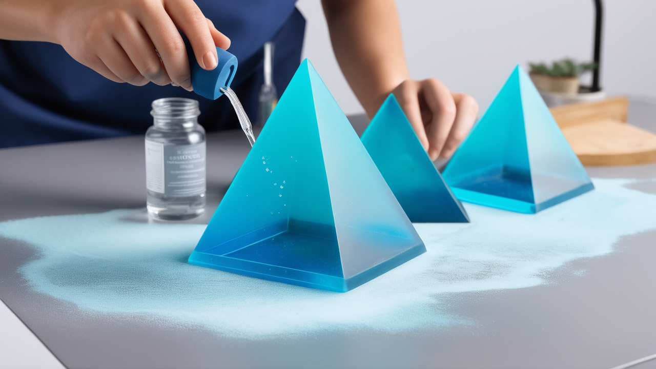 Person pouring water onto blue pyramids on resin mold tray; focus on resin pyramid mold