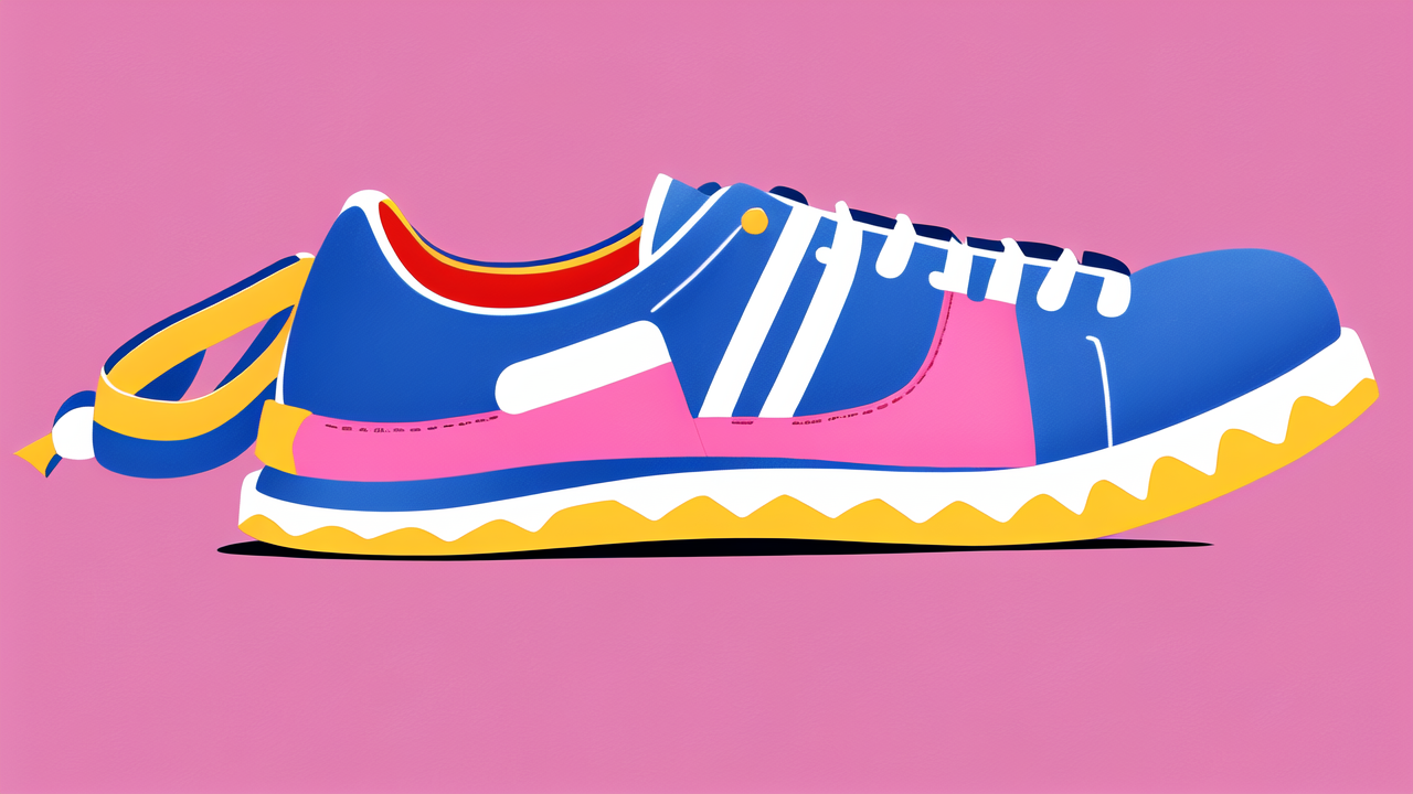 sustainable pants, Vibrant sneaker with blue upper, pink toe box, yellow laces; Vintage High Boots