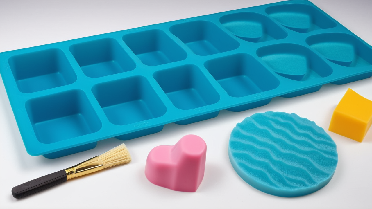 Silicone baking molds with heart, square designs; versatile resin molds and tools.