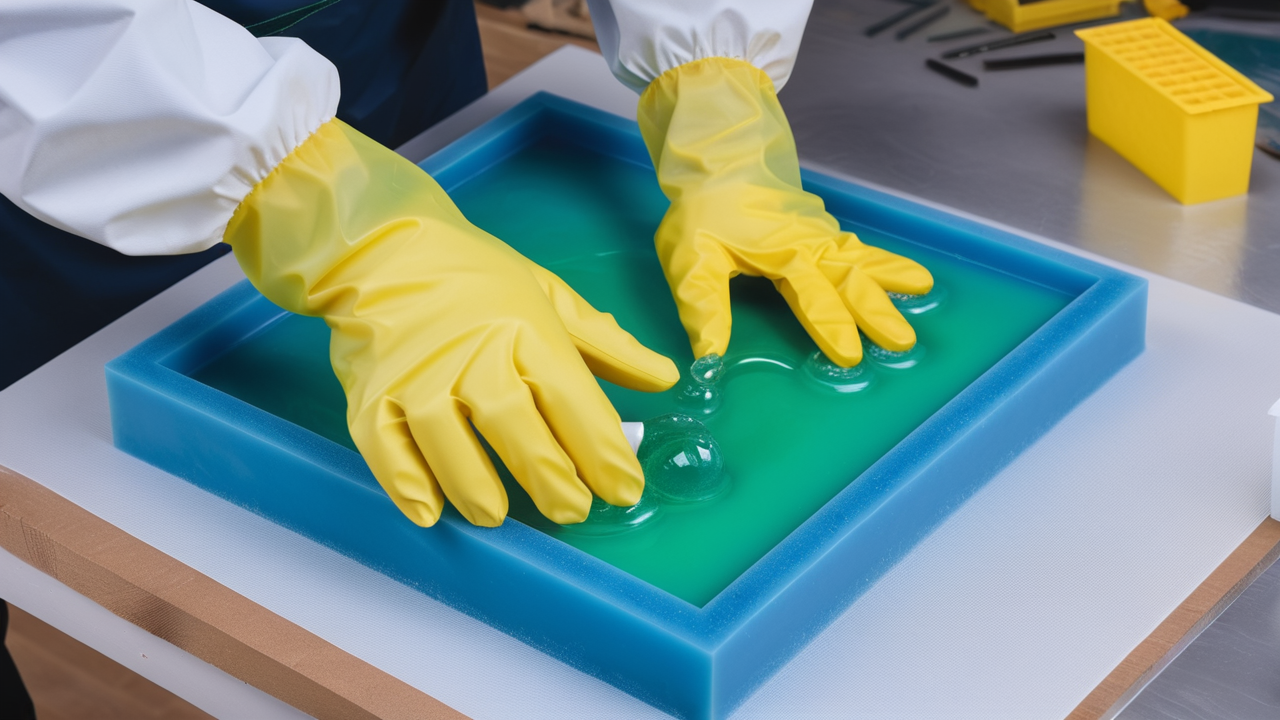 epoxy resin molds, Person crafting vibrant blue epoxy resin art with molds, wearing apron and gloves.