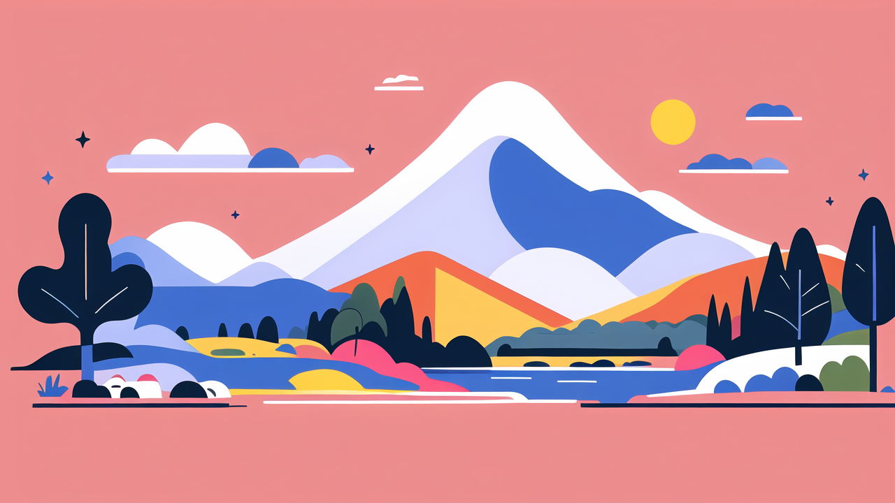 vintage style boots, Mountain landscape with vibrant colors and abstract style, featuring bold blue peaks.