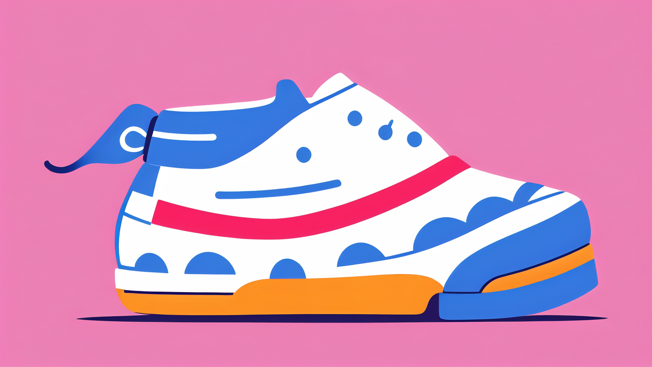 hiking in usa, Vibrant sneaker with blue dots, orange sole, on pink background; modern aesthetic