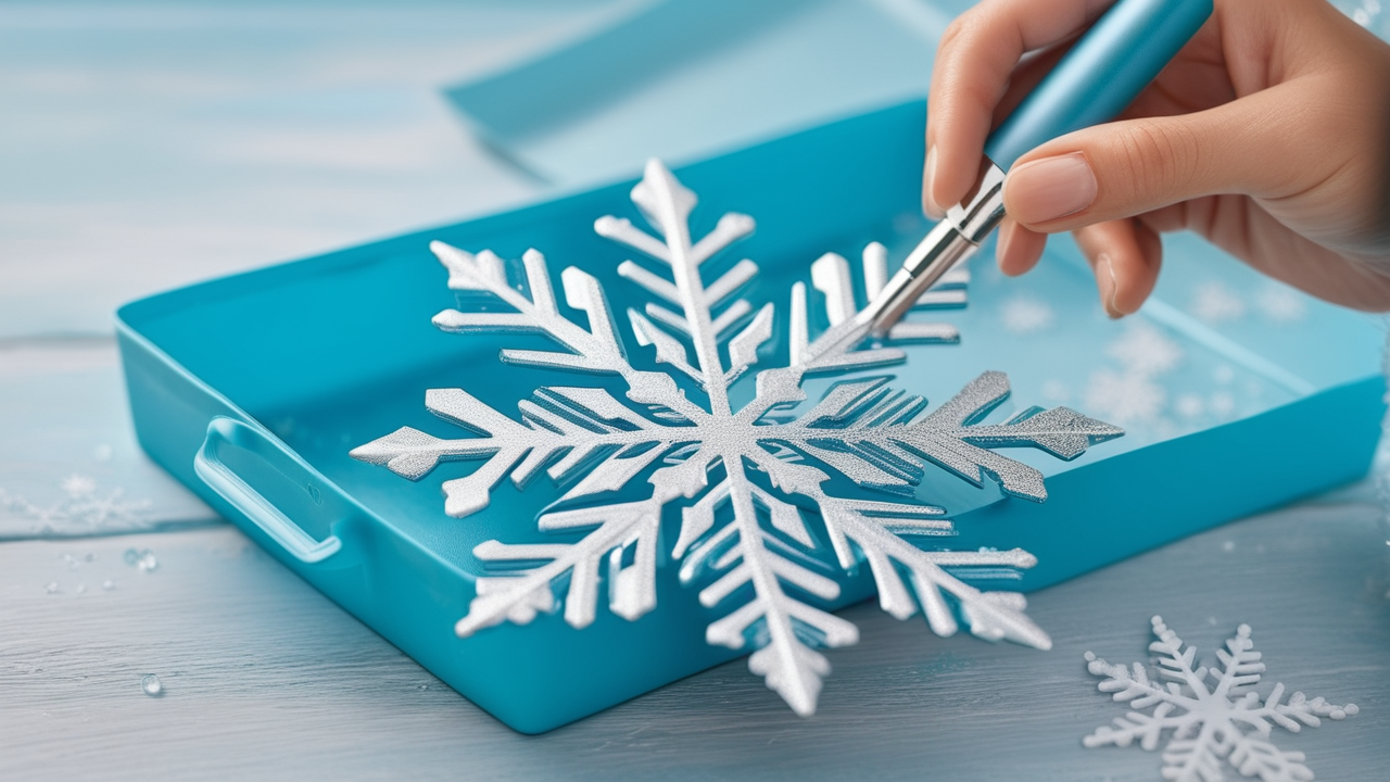 Hand enhancing white decorative snowflakes on blue tray with silver pen