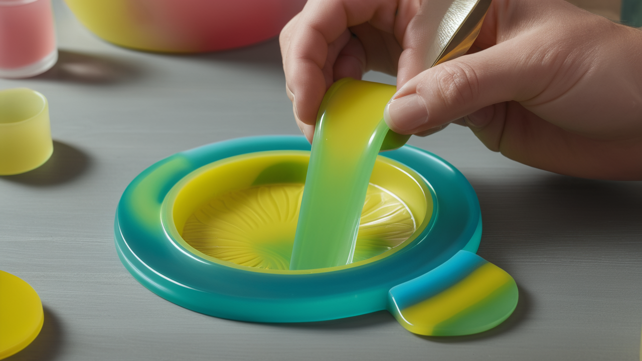 Hand placing blue sponge in yellow liquid with resin casting molds in background.