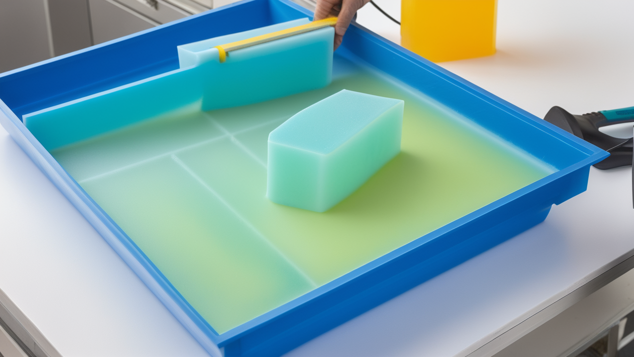 Resin mold kit with blue mat, yellow container, bottles, bag, and protective gloves