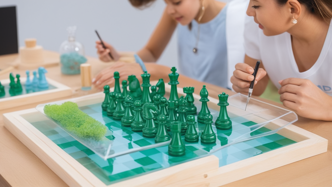 epoxy windchime mold kit, Two people playing chess on a green and blue epoxy resin chessboard with moss.
