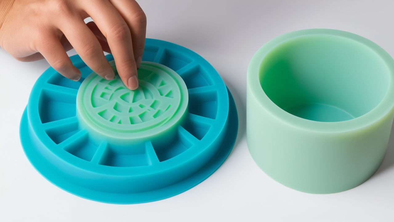 Light blue silicone resin molds with varied geometric and circular cavities.