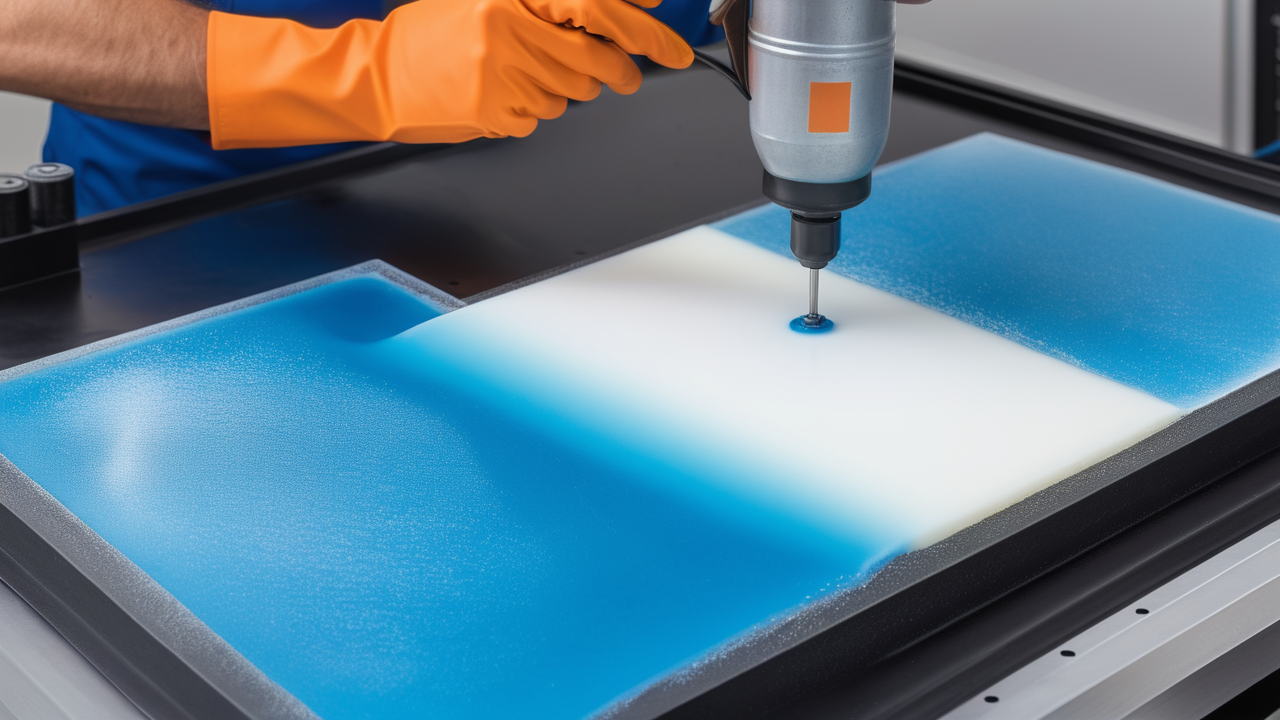 resin kits for beginners, Resin Mold Kits: Drilling in blue-white resin with safety gloves on a black surface.