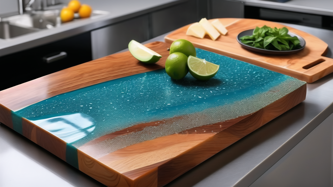 epoxy molds, Hands slicing cheese on a blue cutting board; Epoxy Cutting Board Molds.